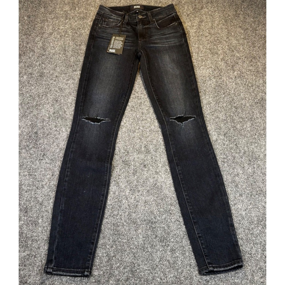 NEW PAIGE Verdugo Mid Rise Ultra Skinny Jeans Black Distressed Knee Size 24 NWT